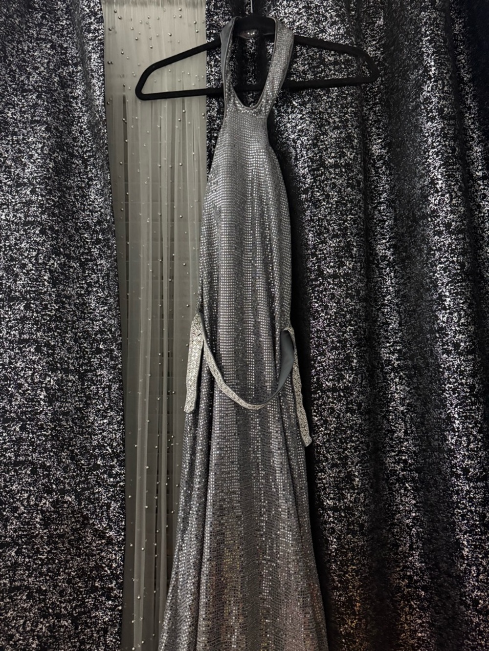 Silver Sequin Halter Evening Dress